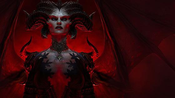 《OG官网》角色莉莉丝的艺术渲染, a demonic looking woman with wings against a blood red backdrop.